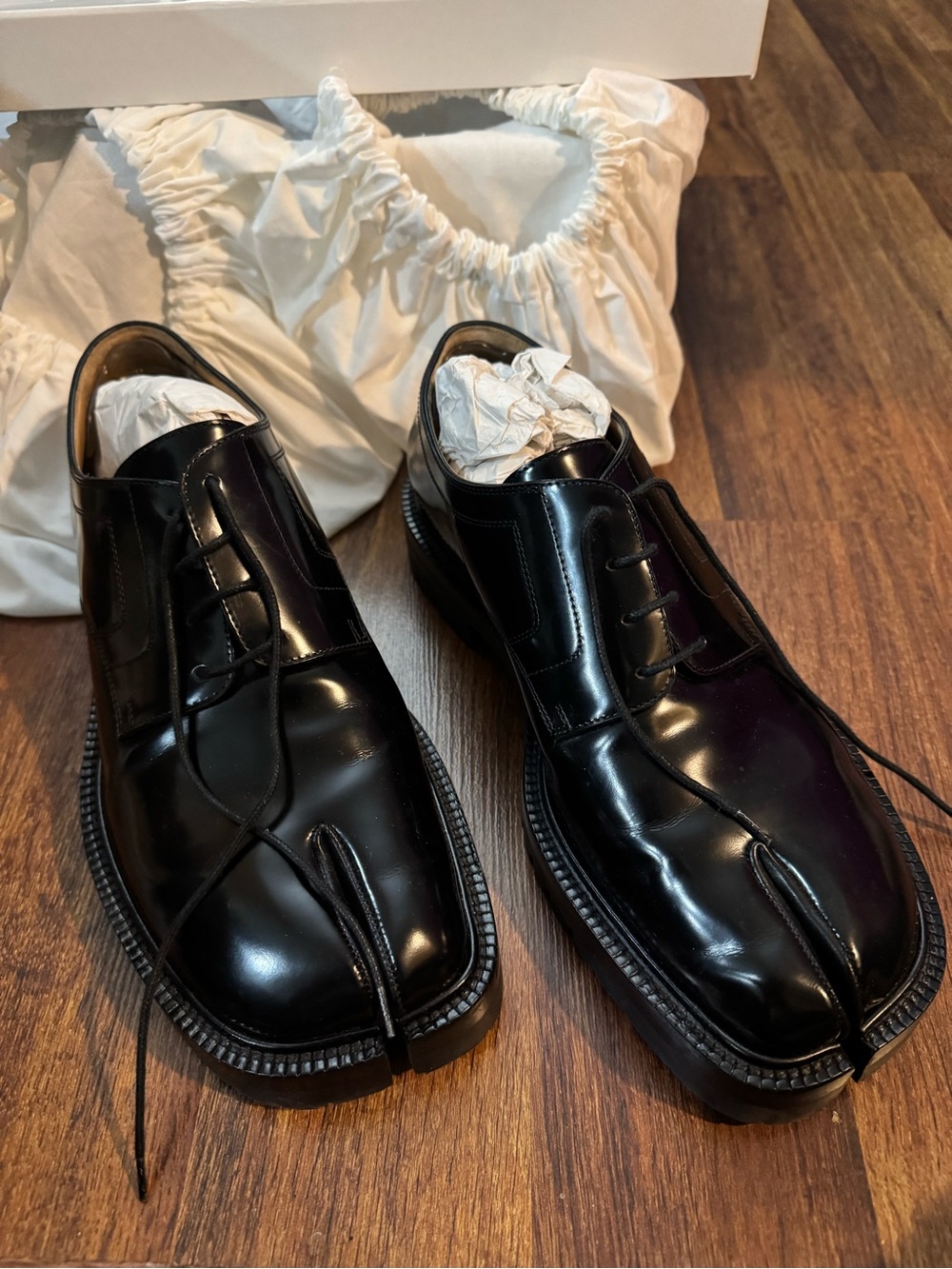 Maison Martin Margiela Black Split-Toe Leather Lace-Up Shoes